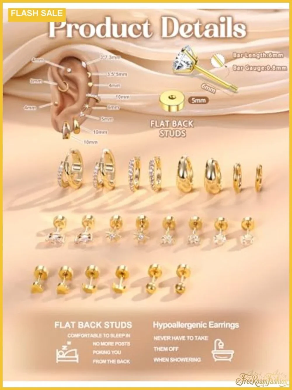 14K Gold Plated Surgical Stainless Steel Flat Back Earring Set with Huggie Hoops